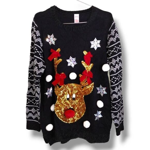 Holiday Time Womens Sweater Sz 14‎ Black Gold Sparkle Reindeer Christmas Holiday - Picture 1 of 7